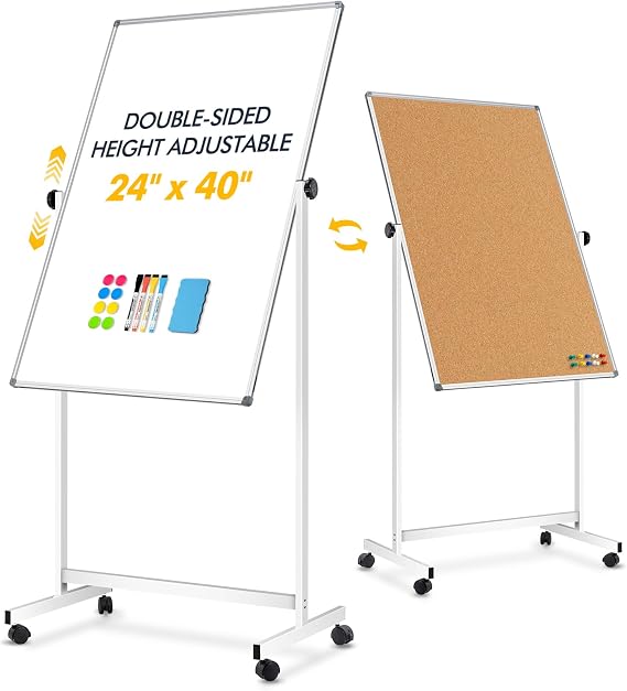 Rolling Whiteboard Corkboard Combo with Stand 24"x40" | Double-Sided Mobile Dry Erase Bulletin Board on Wheels, Reversible Height Adjustable Standing Board for Home Office