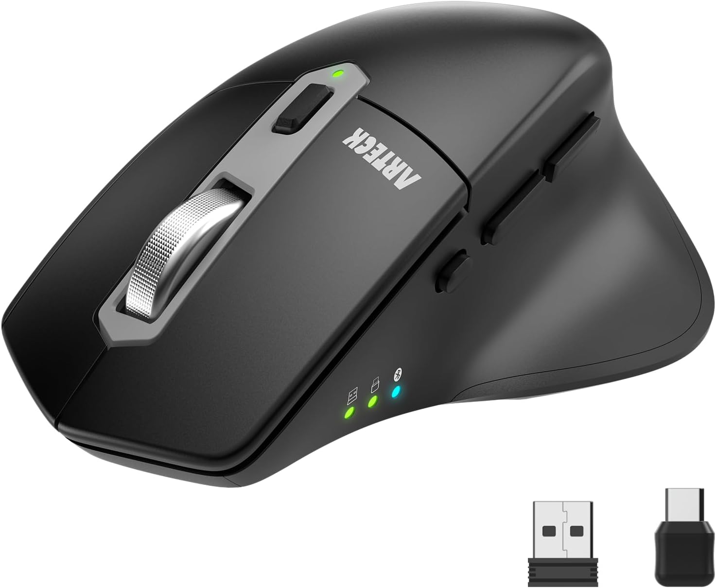 Arteck Multi-Device Wireless Bluetooth Mouse with Nano USB-A, USB-C Receiver Ergonomic Right Hand Silent Clicking Rechargeable Mouse for Computer Desktop PC Laptop Mac iPad and Windows 11/10 iPad OS