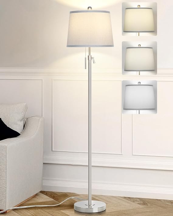 Qingmiao Floor Lamp,Silver Modern Lamps for Living Room with Lampshade | 140-165cm Adjustable Height,3 Colors Temperature,E27 Socket,Tall Standing Lamp for Bedroom Reading Office,9W Bulb Included [Energy Class A]