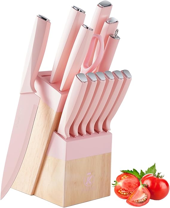 14-Piece Aesthetic Pink Knife Set with Wood Block Non-Rust Elegant Gifts | Kitchen Knife Sets for Women Modern Kitchen Decor,Non Rust Sharp Stainless Steel Knives With Sharpener