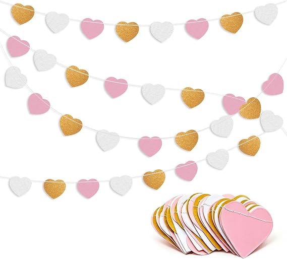 Pink Gold Love Heart Garland - 2Pcs 78 inch Hanging Heart Bunting Banner for Valentines Day, Anniversary, Bachelorette Party, Bridal Shower, Wedding Decorations, Glitter Heart Streamers