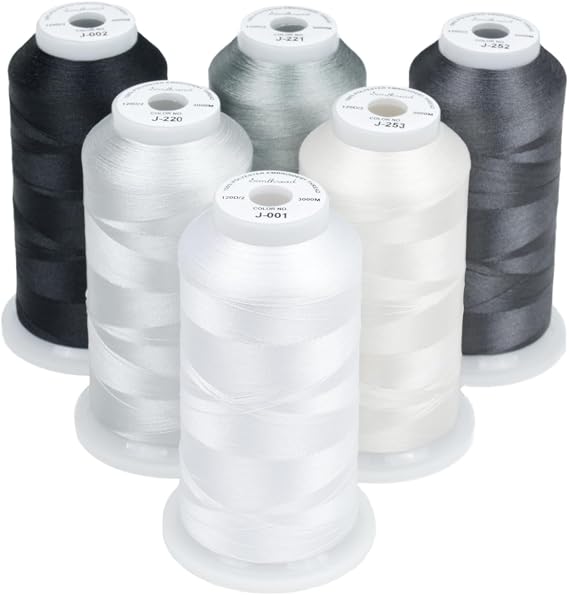 Simthread 6 Spools 3000Y 40WT Polyester Embroidery Thread Black White Gray