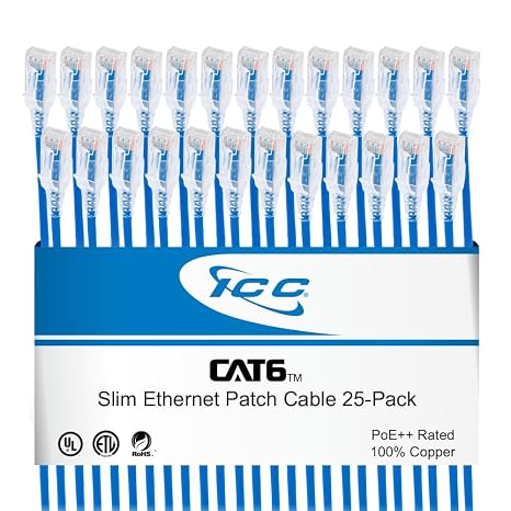 ICC CAT6 Slim Ethernet Patch Cord with Clear Boot Strain Relief, RJ45, Stranded, 550 MHz, UTP, Pure Bare Copper Wire, 28 AWG, LAN Network Patch Cable, Blue, 3 FT, 25-Pack