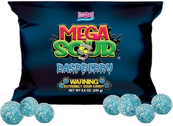 Barnetts - Mega Sour Candy Raspberry 250g - Trendy Sweet Bags - Traditionally Handmade Sweets - Sour Coating Lasts 20 Seconds - Candies for Party Bag, Gift Hamper, or Hamper Box