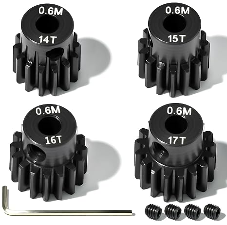 4Pcs 0.6M Hardened Steel Pinion Gear Set 3.175mm 14T 15T 16T 17T Motor Pinion Gear with M4 Screw and Hex Key, Fit 3.175mm (1/8-Inch) Shaft, for Arrma HPI Kyosho Losi Axial Traxxas Tamiya 1/10 RC Car