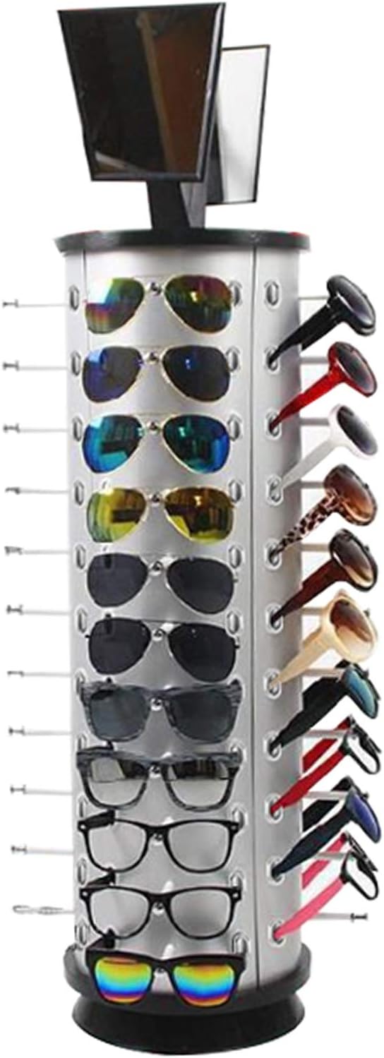 Sunglasses Display Stand, 360 Rotating, 44 Pairs, Round, Silver Aluminum + Plastic