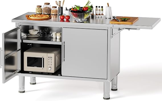 57"x20" Stainless Steel Work Table, Commercial Kitchen Cabinet | Heavy-Duty Prep Table, Extend Panel & Shelf, Sturdy Feet, Workbench for Home, Restaurant, Garage and Hotel