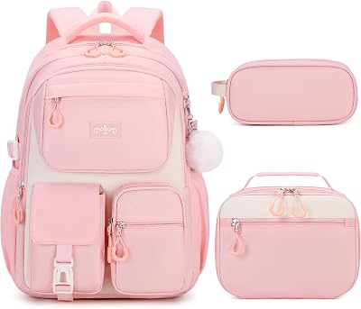 Backpack for Girls - Girls Backpack with Lunch Box & Pencil Pouch for Teen Kids, Laptop Backpack for Women, School Backpacks for Girl Elementary Middle High School Bookbag Daypack Pink
