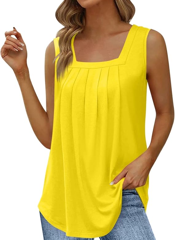 Tank Tops for Women Pleated Square Neck Sleeveless Tops Curved Hem Flowy Cami Shirt Summer Camisole Casual Tunics