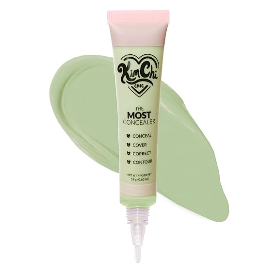 KimChiChic Beauty The Most Concealer, Full Coverage Makeup, Water Resistant | Face & Under Eye Concealer, Matte Satin Hybrid Finish, Brush Applicator, 24 Green, All Skin Tones, 0.63 oz