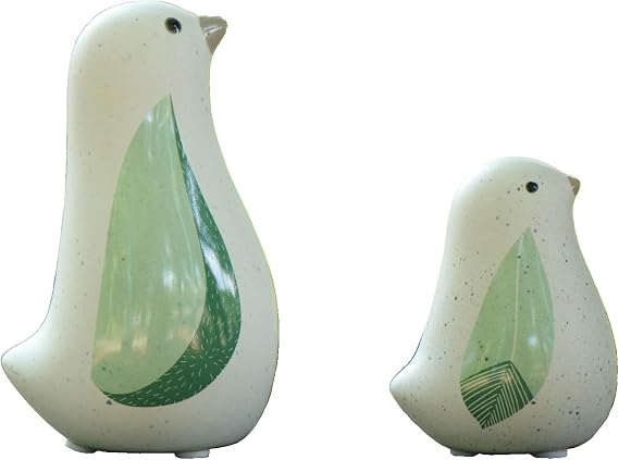 Unique Sitting Birds Figurines with Green Leaf Wings, Animal Statues, Home Garden Decor Tabletop Ornament A (Set of 2)