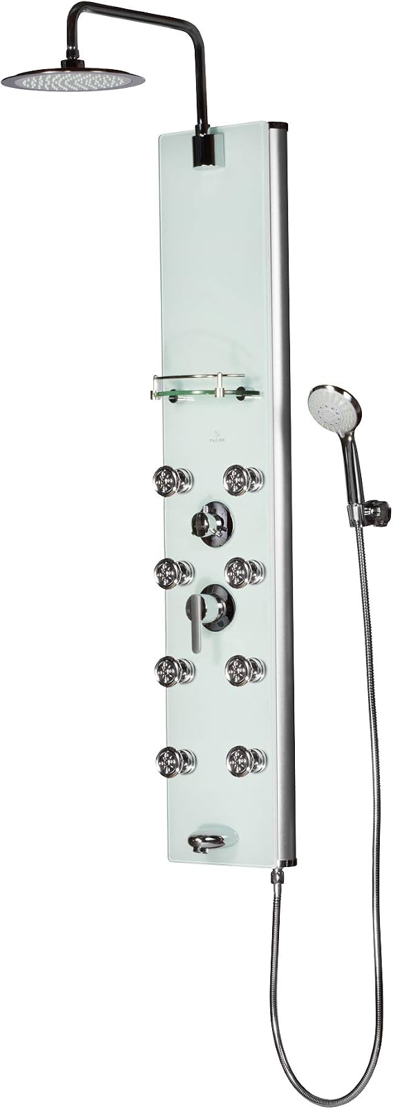 PULSE ShowerSpas 1030 Lahaina ShowerSpa Panel with 9.5" Rain Showerhead, 8 Dual-Function Body Spray Jets, 5-Function Hand Shower, Tub Spout and Glass Shelf, Soft-White with Silver Anodized Aluminum