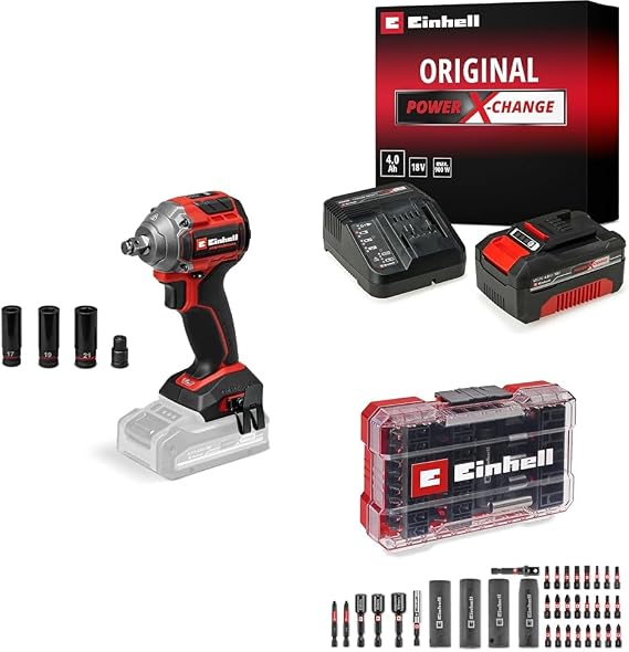 Einhell TP-CW 18/260-C Li BL - Solo, Kömürsüz Akülü Darbeli Somun Sıkma + 18V 4,0 Ah PXC Starter Kit, Akü ve Şarj Cihazı + Bits ve Lokma uç seti 35 parça, M-Case kutu
