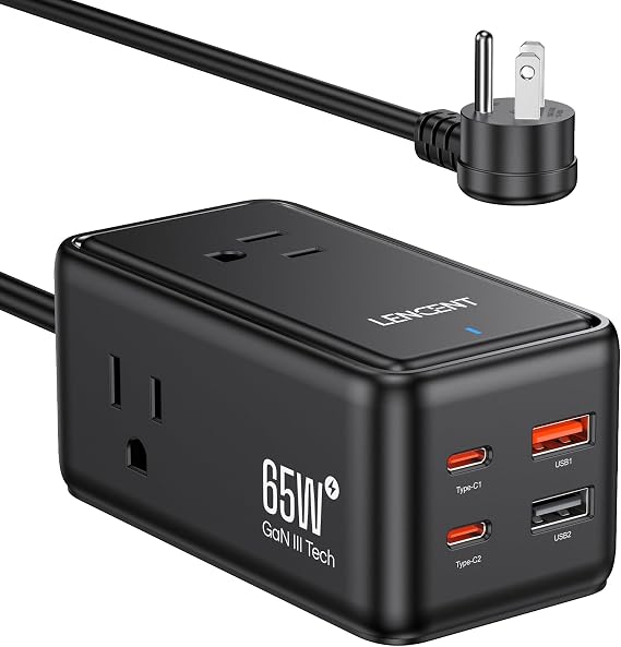 LENCENT 65W GaN III 7-in-1 Charging Station, Desktop USB C Charger Power Strip with 3 AC Outlet & 4 USB, Fast Charging for Multiple Devices, 5ft Extension Cord for Home Office Travel Desk Laptop Phone