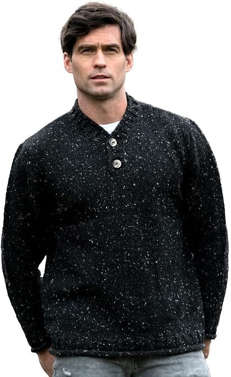 Aran Crafts Irish Mens 2 Button V-Neck Sweater, 100% Donegal Wool (K3082)