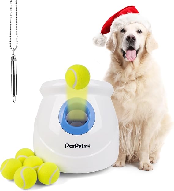 pet prime Large Automatic Dog Ball Launcher, Pet Interactive Fetch Toy with 10-40Ft, Max Dog Tennis Ball Thrower Machine for Big Dogs, With 6 PCS 2.5" Tennis Balls and a Training Whistle
