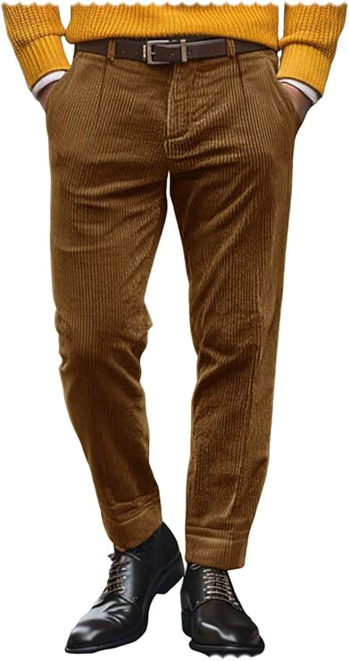 Men's Casual Pants Flat Front Vintage Corduroy Trousers with Pockets