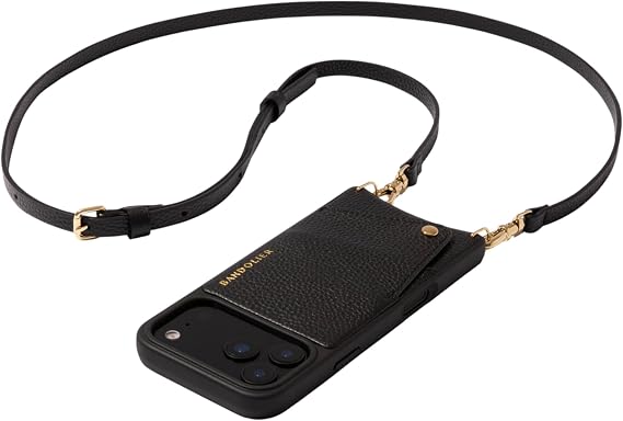 Bandolier Emma Leather Crossbody Phone Case iPhone 17 Pro Max - Black/Gld | Crossbody leather phone case. Built-in wallet w/ snap-closure. Adjustable & removable leather strap. Phone drop protection.