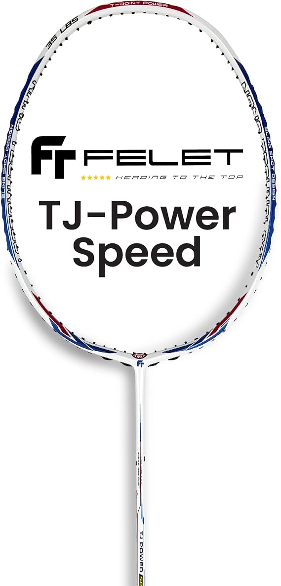 FELET TJ Power-Speed (White Blue) Badminton Racket, 4UG1 Max Tension 35lbs, 3 in 1 Combination Frame + Nano Carbon Technology, Good for Defensive & Counter Attack [Free String & Grip]