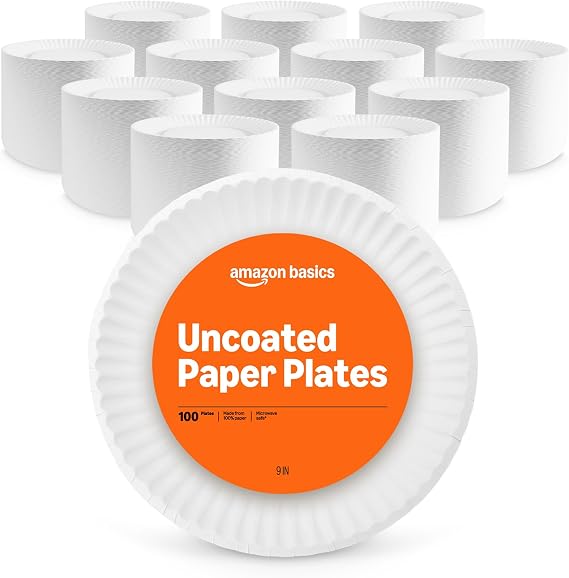 Amazon Basics 9" Uncoated White Paper Plates, Microwave Safe, Commercially Compostable, 1200 Count (Pack of 12)