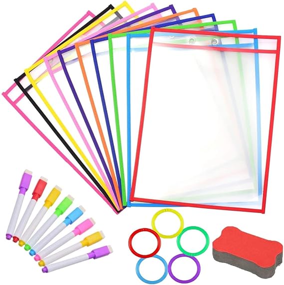 KAHEIGN 24Pcs Dry Erase Pockets Set, 36 x 26cm Reusable Write and Wipe Clean Pockets with Bone Shape Eraser, 8Pcs Erase pens, 5Pcs Keyring - for School Work Use Supplies (10 Colors)
