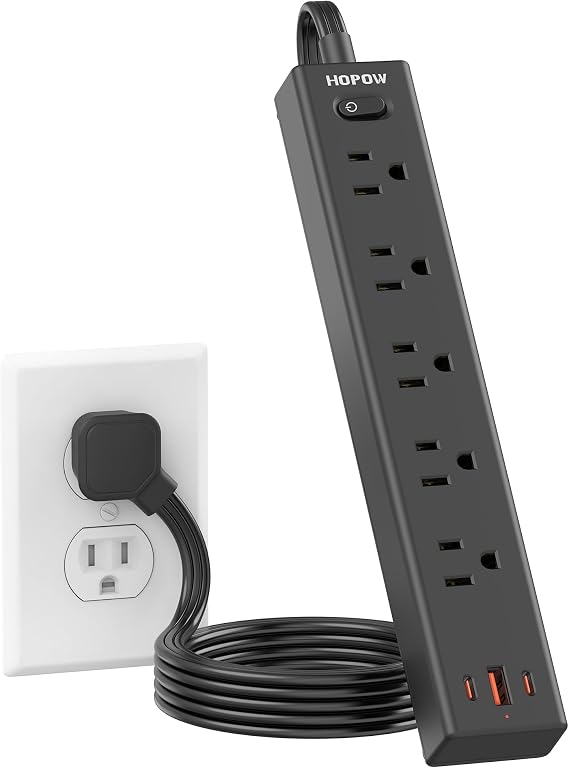 3FT Surge Protector Power Strip, 1700J, 5AC&1A2C, Flat Plug Extension Cord | HOPOW Flat Power Strip, 0.33in Ultra Thin Plug, 1250W/10A, Wide Spaced, Mountable for Home Office, Black