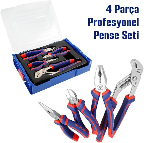 Workpro 4 Parça Profesyonel Pense Seti, Ni-Fe Alaşımlı Karbon Çelik, 200mm Kombine, 160mm Yan Keski, 160mm Kargaburnu, 250mm Ford Pense