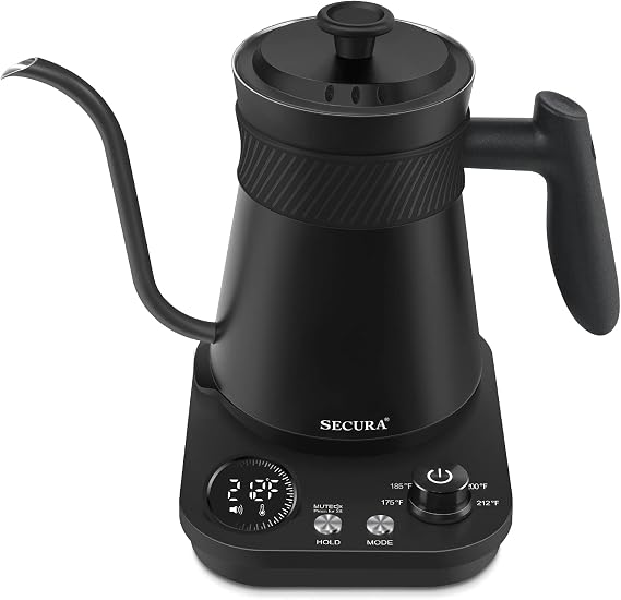 Secura Electric Gooseneck Kettle, 5 Variable Presets for Coffee Tea Brewing, 100% Stainless Steel Inner Tea/Coffee Kettle with 1.5H Keep Warm, 1200 Watt Quick Heating Pot, 0.8L, Matt Black