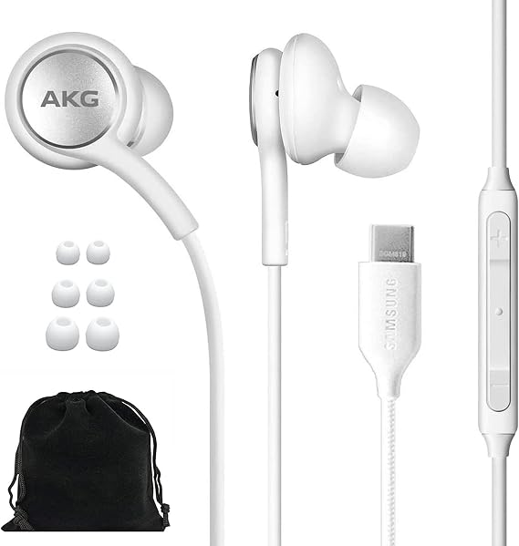 SAMSUNG AKG Earbuds Original USB Type C In-Ear Earphone Headphones with Remote & Mic for Galaxy S23 Ultra, A53 5G S22 S21 FE, S20 Note 10 10+, S10 Plus Braided - Velvet Pouch Included - White