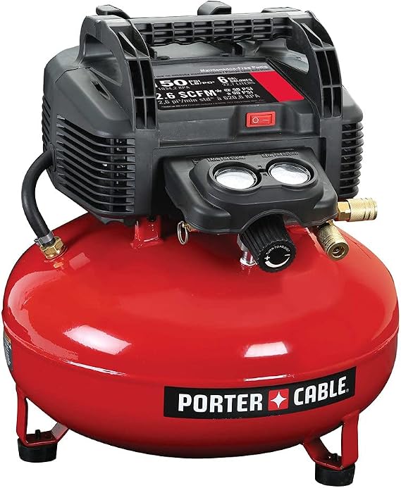 PORTER-CABLE Portable Pancake Air Compressor, 6 Gallon, 150 Max PSI | Oil-Free Maintenance-Free Pump, Wood Working, Roofing, Home, Jobsite, 2.6 CFM @ 90 PSI