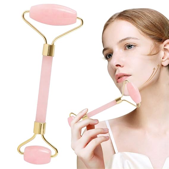 Jade Roller,Rose Quartz Roller for Face,Jade Skincare Tool,Facial Roller,Eye Roller Anti Aging Massager Slimming Healing Chakra Tool A-Rose Quartz (Golden)