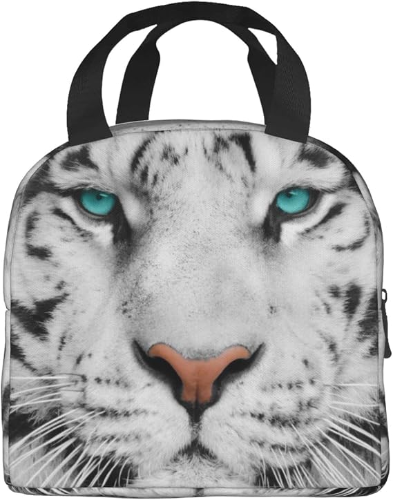 VOOHDDY White Tiger Cool Face Insulated Lunch Bag For Men Women Reusable Lunch Box Container Waterproof Portable Cooler Thermal Tote Bag For Work Office Picnic Beach Travel