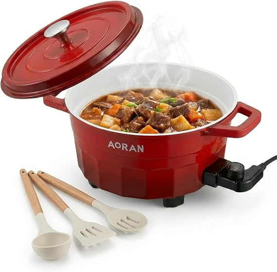 AORAN 6QT Multi-Function Electric Hot Pot Cooker, 1400W Family Hot Pot for Frying, Boiling, Slow Cooking & Stewing, Nonstick Cooking Pot with Temperature Control, Ladle, Skimmer & Spatula