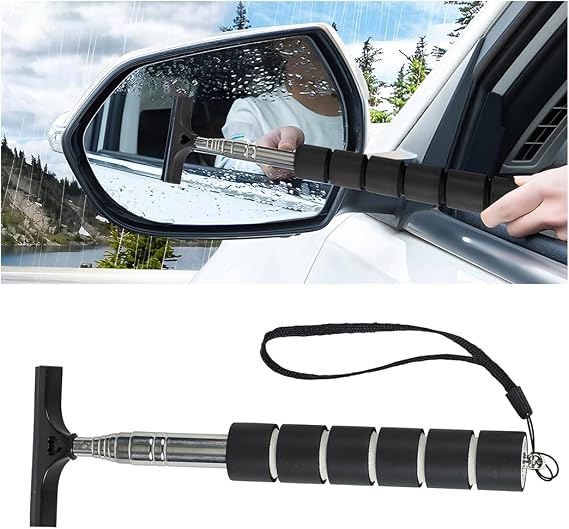 AICEL Car Side Mirror Squeegee, Rearview Mirror Wiper with Telescopic Long Handle, Retractable Small Auto Window Squeegee Cleaner, Portable Glass Cleaning Tool Universal Car Accessories (Black)