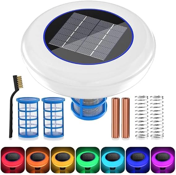 Solar Powered Pool Ionizer with LED Light -  with 2 Sets of Filter Copper Rod Accessories, Floating Pool Cleaner for Swimming Pools Up to 45,000 Gallons, Clear Water with Minimal Effort