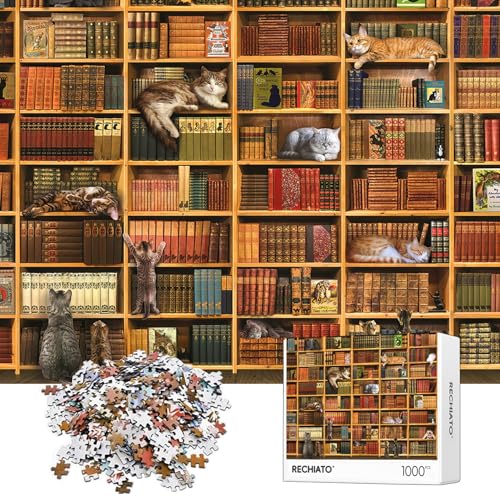 Cats Library Jigsaw Puzzle, 1000 Piece Funny Kitten Bookshelf Puzzles, Challenging Animal Pet Lover Gifts for Friends & Family Activity Game Nights