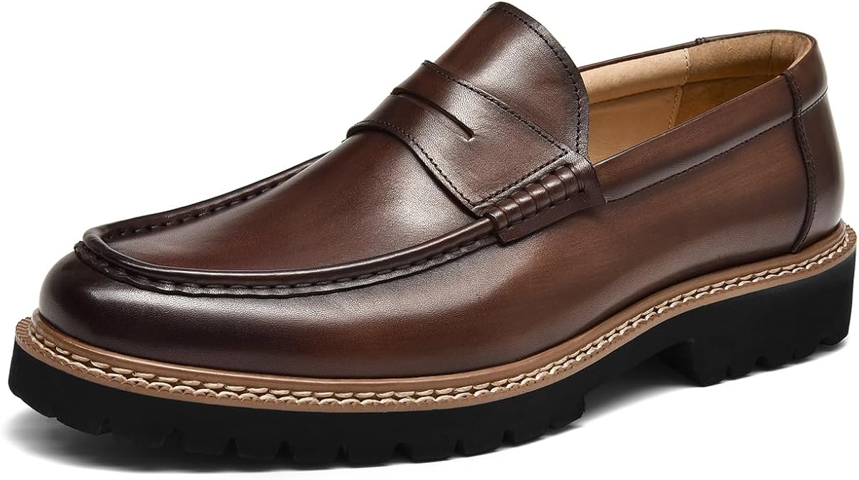 BEAU TODAY Classic Penny Loafers for Men, Genuine Leather, Coffee