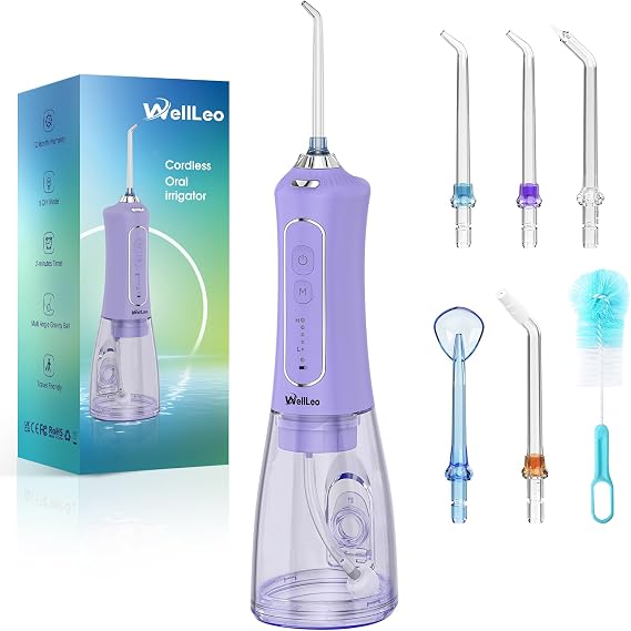 WellLeo Water Flosser for Teeth, 300ML Cordless Oral Irrigator Rechargeable Dental Flosser Picks with 5 Modes 5 Jet Tips,IPX7 Waterproof Teeth Cleaner for Braces Gum Care, Home Travel Use