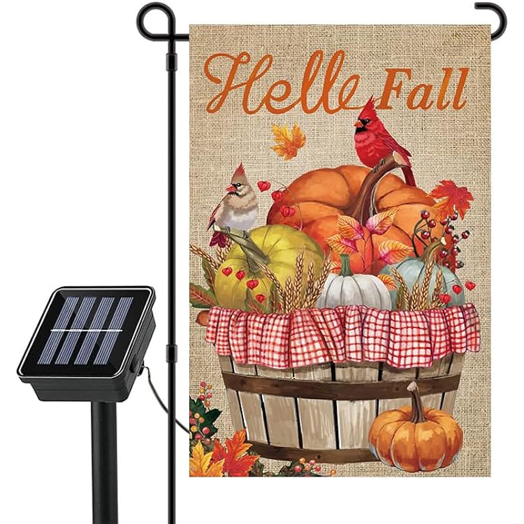 Hello Fall Pumpkin Cardinal Lighted Double Sided12 18Small Garden Flag Solar LED 8Lighting Modes16Lights Fall Patio Home Outdoor Decor Thanksgiving Decoration Lawn Porch Decoration Pumpkin Cardinal