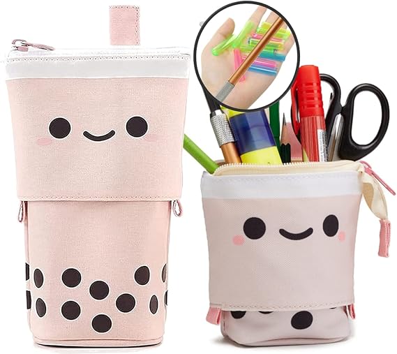 QUALIALL Cute Boba Tea Pencil Case, 1+1+8pcs, Premium, Kawaii Retractable Pouch, Pop up Korean Japanese Stationery, Standing Pen Makeup Box Bag Holder, Gift, Pink.