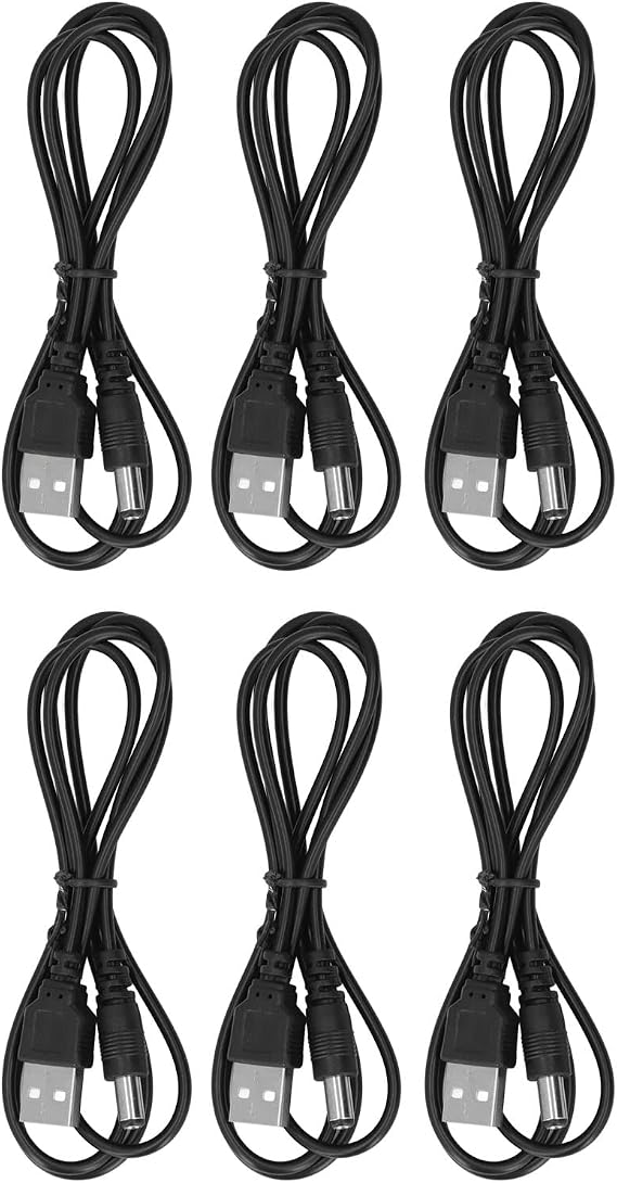 6Pcs 5V DC Connector Power Cable, USB to Plug USB to DC Power Cable 5V DC Connector Power Cable Cable USB 2.0 A Male to 5.5x2.1mm Jack Black
