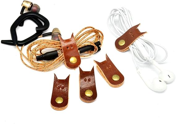 CAILLU Cord Organizer Headset Headphone Earphone Wrap Winder,Power Cord Manager,Cable Ties,Cable Winder with Genuine Leather Handmade Cord Taco 5-Pack