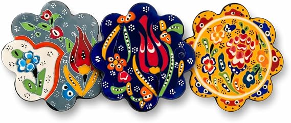 Hand-Painted Turkish Ceramic Coaster Set (3 Pack) Absorbent, Durable Drink Coasters for Coffee, Tea & Tabletop Protection