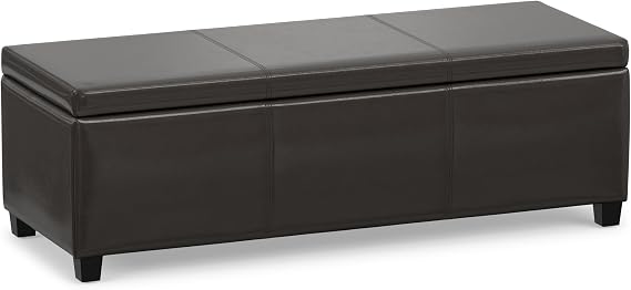SIMPLIHOME Avalon 48" Wide Vegan Leather Storage Ottoman in Tanners Brown | Contemporary lift-top ottoman with high-density foam; rectangle storage bench or coffee table for living room or entryway.