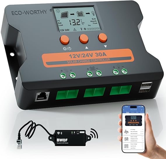 ECO-WORTHY PWM Solar Charge Controller 30A 12/24V with Bluetooth,WiFi