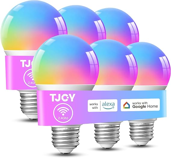 TJOY Smart Alexa Light Bulbs, Bluetooth WiFi Led Bulb Compatible with Alexa &Google Assistant, RGB Color Changing Bulbs, Music Sync, 9W(60W Equivalent), A19 E26 800LM(2.4Ghz WiFi only), 6 Pack