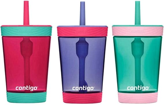 Contigo Kids Spill Proof Tumbler w/Straw & Soft Grip Bottom Pad - BPA Free, Durable Tritan, Spill-Proof Valve -Great for Children, Travel, School - Cherry Blossom, Westeria, Persian Green-14oz, 3 Pack