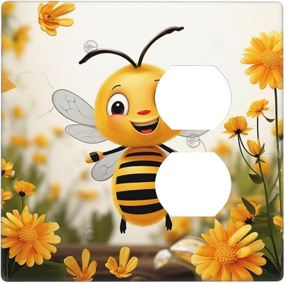 Cute Bees Daisy Flower Wall Plates Decorative Light Switch Cover 2 Gang Outlet Covers Electrical Switchplate Thermoplastic Faceplate Cover for Decorator Device, Screws Included