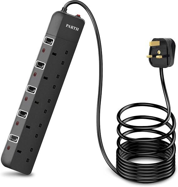 PARTH 5 Socket Extension Lead, 10 Metre Cable Surge Protected (Black)