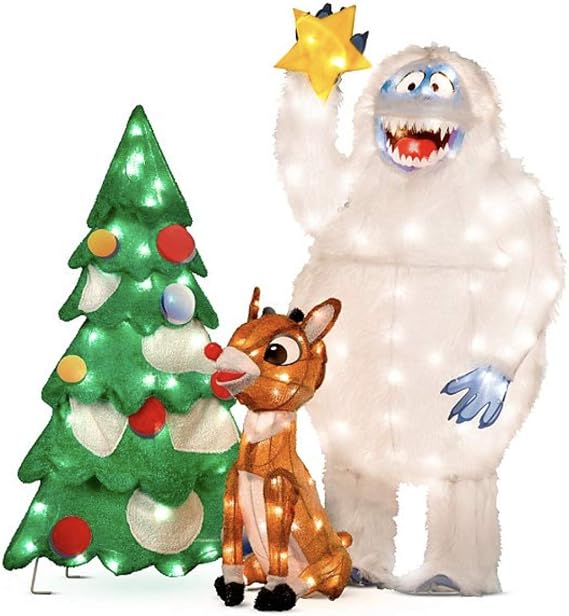 Animated Rudolph and Bumble Decorating Tree Outdoor Christmas Decorations - Set of 3